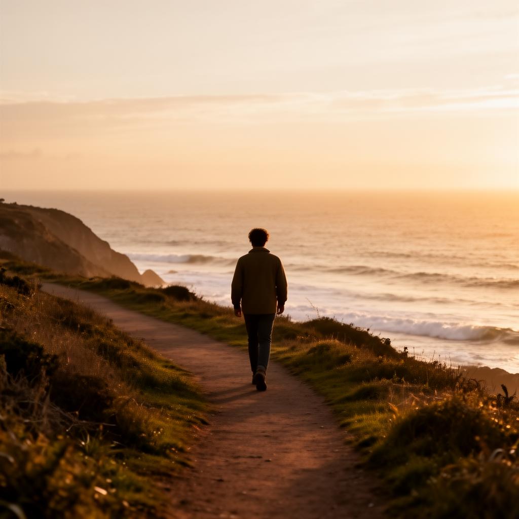 A solitary walker at sunrise